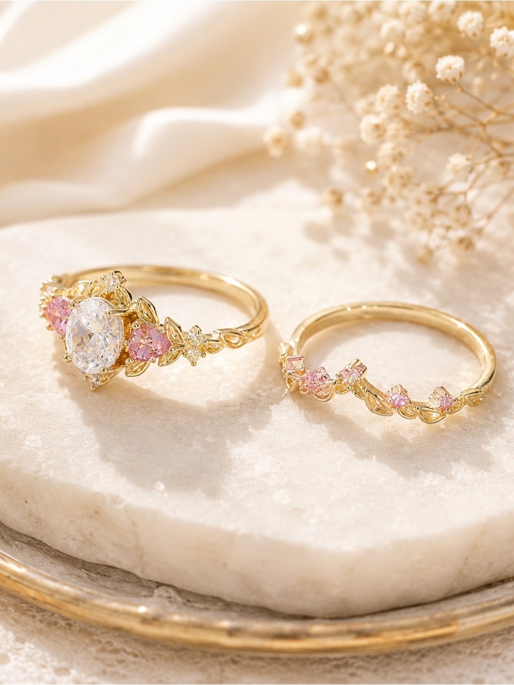 Romantic Pink CZ Gold Leaf Bridal Ring Set Cottagecore Fairycore